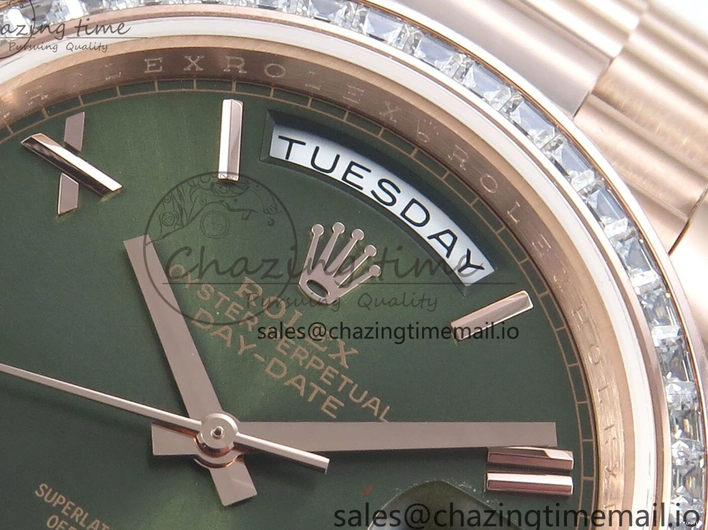 MiroTime 0310 Trendsetting DayDate 40 RG QF 1:1 Best Edition Green Roman Dial Diamonds Bezel on President Bracelet A2836 V5 (Gain Weight) 468